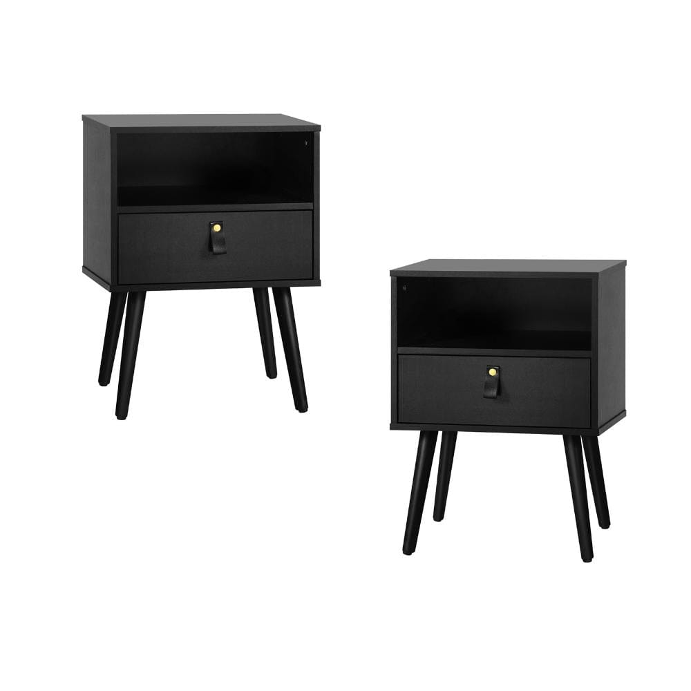Oikiture Bedside Table 2X Bedside Tables with Leather Handle Black
