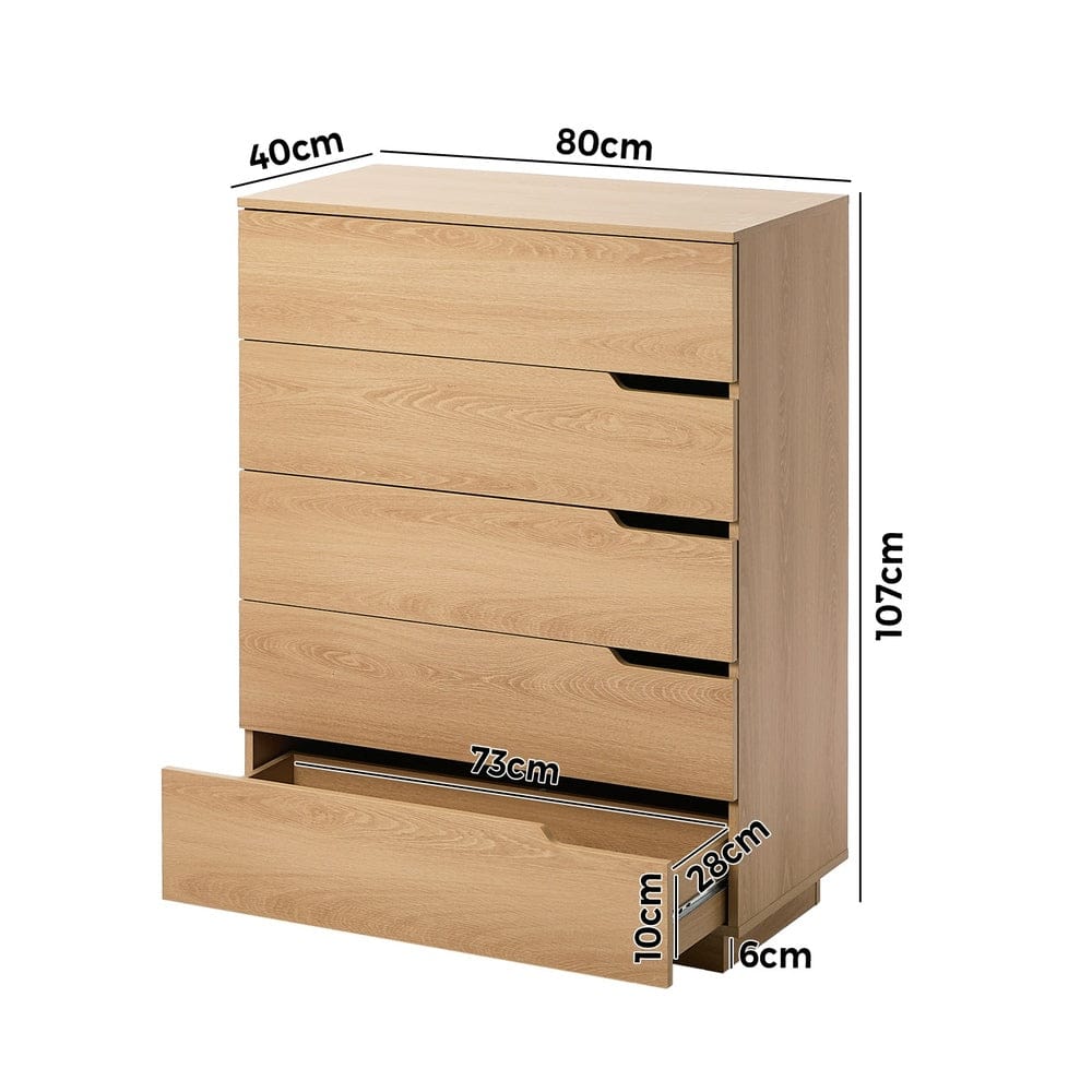Oikiture Chest of Drawers 5 Chest of Drawers Dresser Tallboy Storage Cabinet Natural