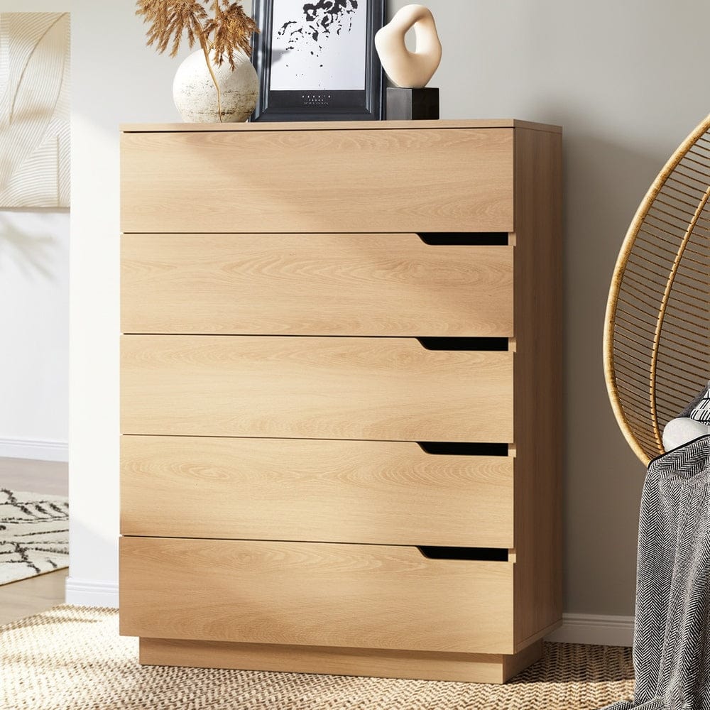 Oikiture Chest of Drawers 5 Chest of Drawers Dresser Tallboy Storage Cabinet Natural