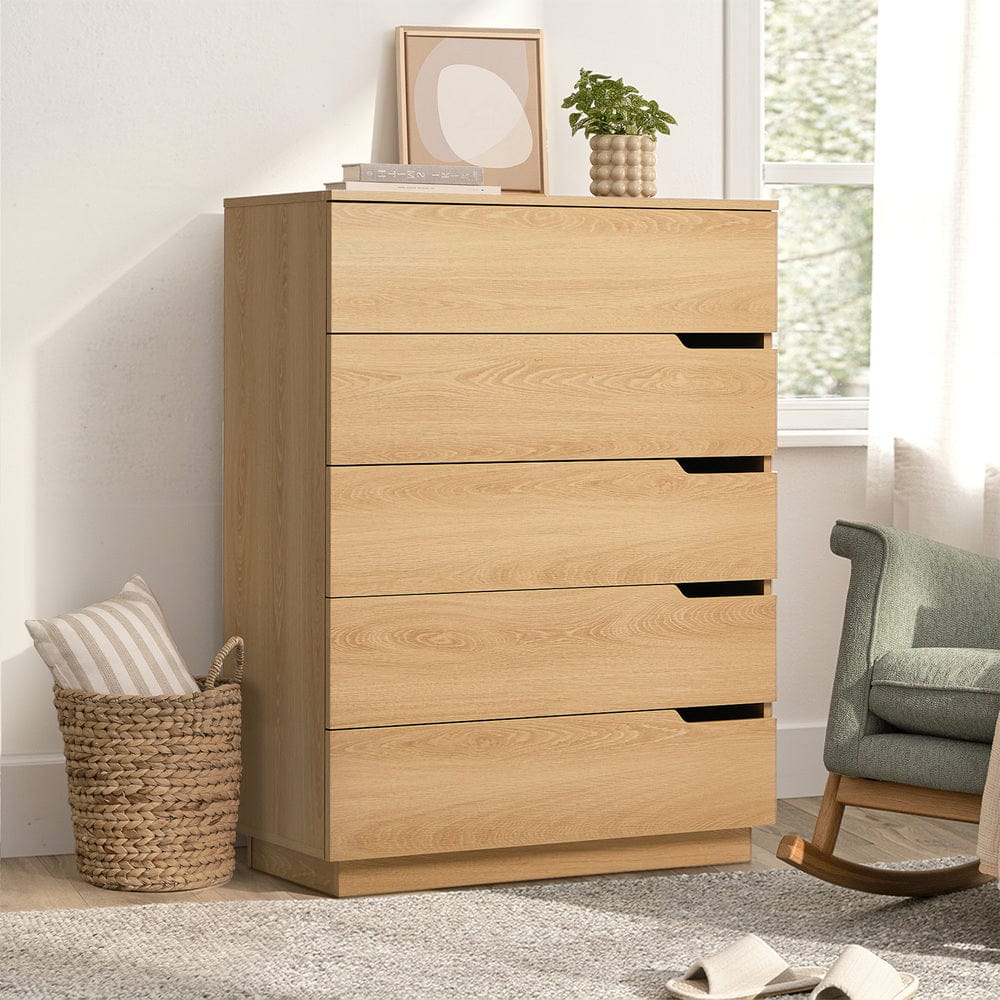 Oikiture Chest of Drawers 5 Chest of Drawers Dresser Tallboy Storage Cabinet Natural