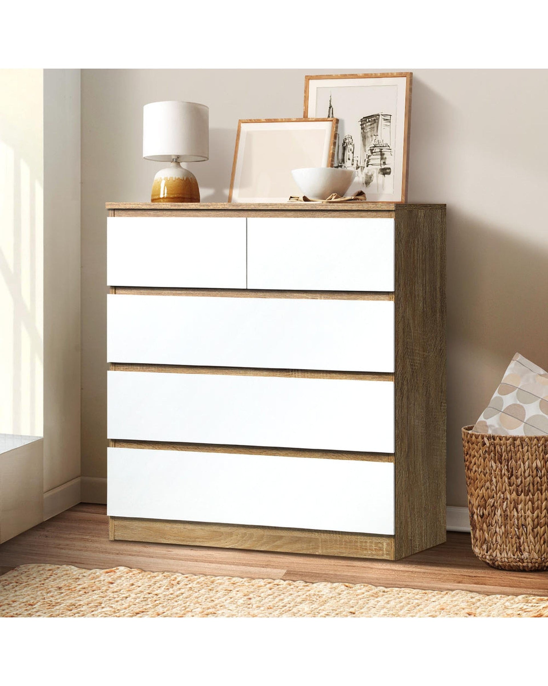 Oikiture Chest Of Drawers 5 Chest of Drawers Tallboy Cabinet Dresser Table Wooden White Furniture