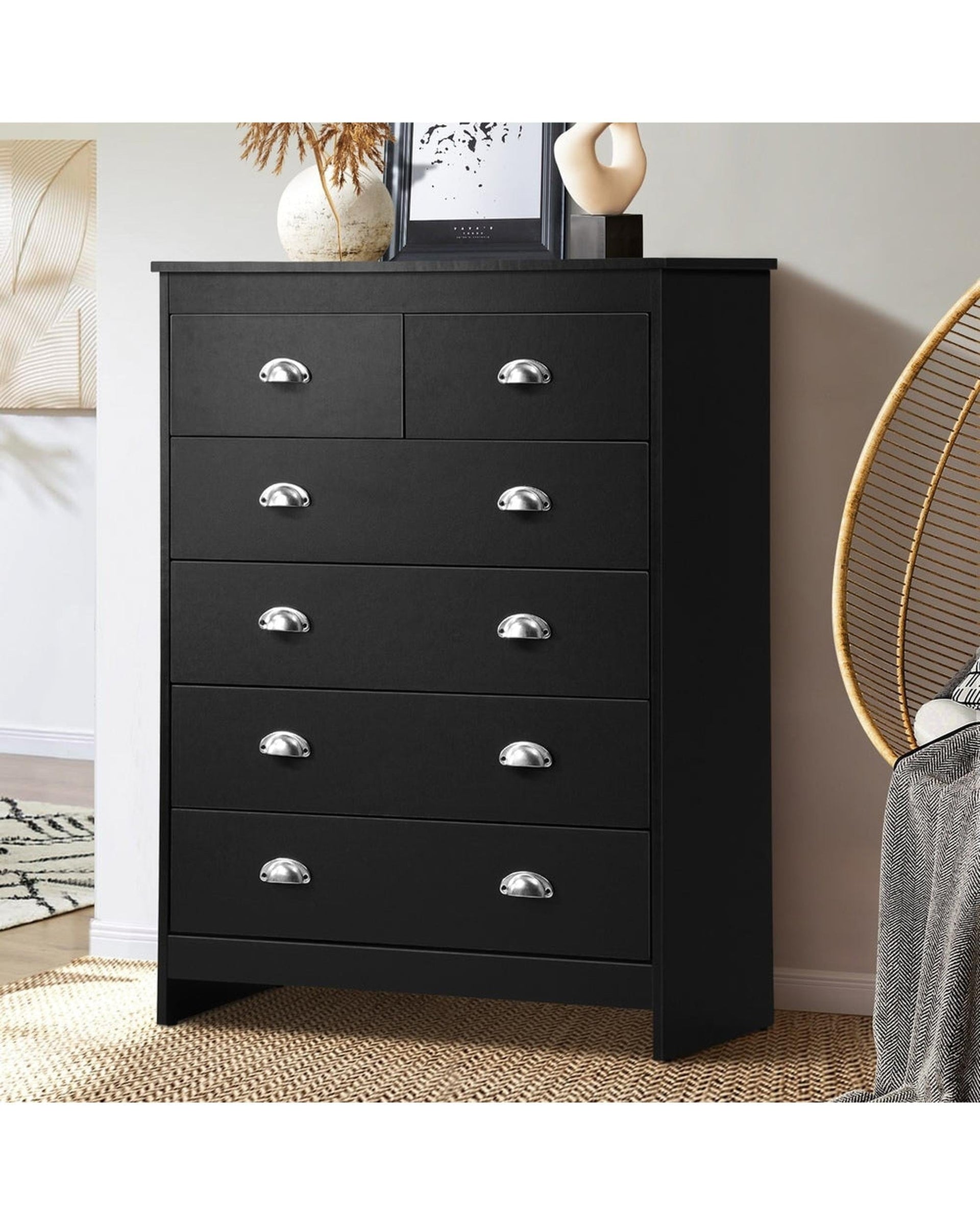 Oikiture Chest of Drawers 6 Chest of Drawers Tallboy Dresser Black