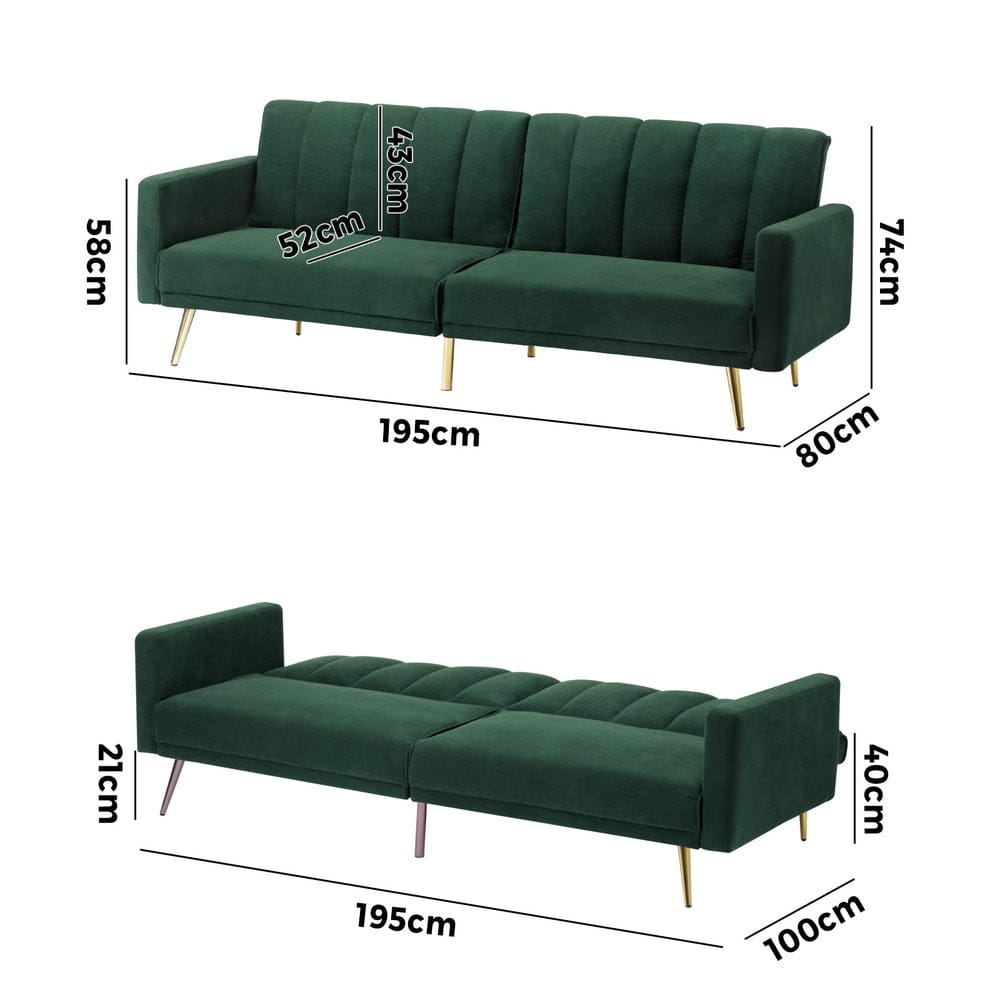 Oikiture Sofa ABBY 3 Seater Sofa Bed Convertible Velvet Green