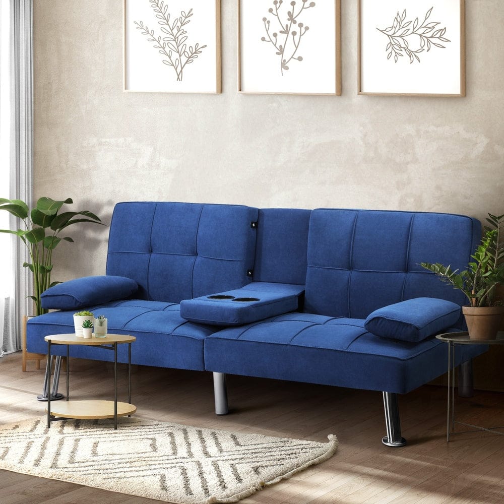 Oikiture Sofa ALANA Sofa Bed 3 Seater with Cup Holder Velvet Blue