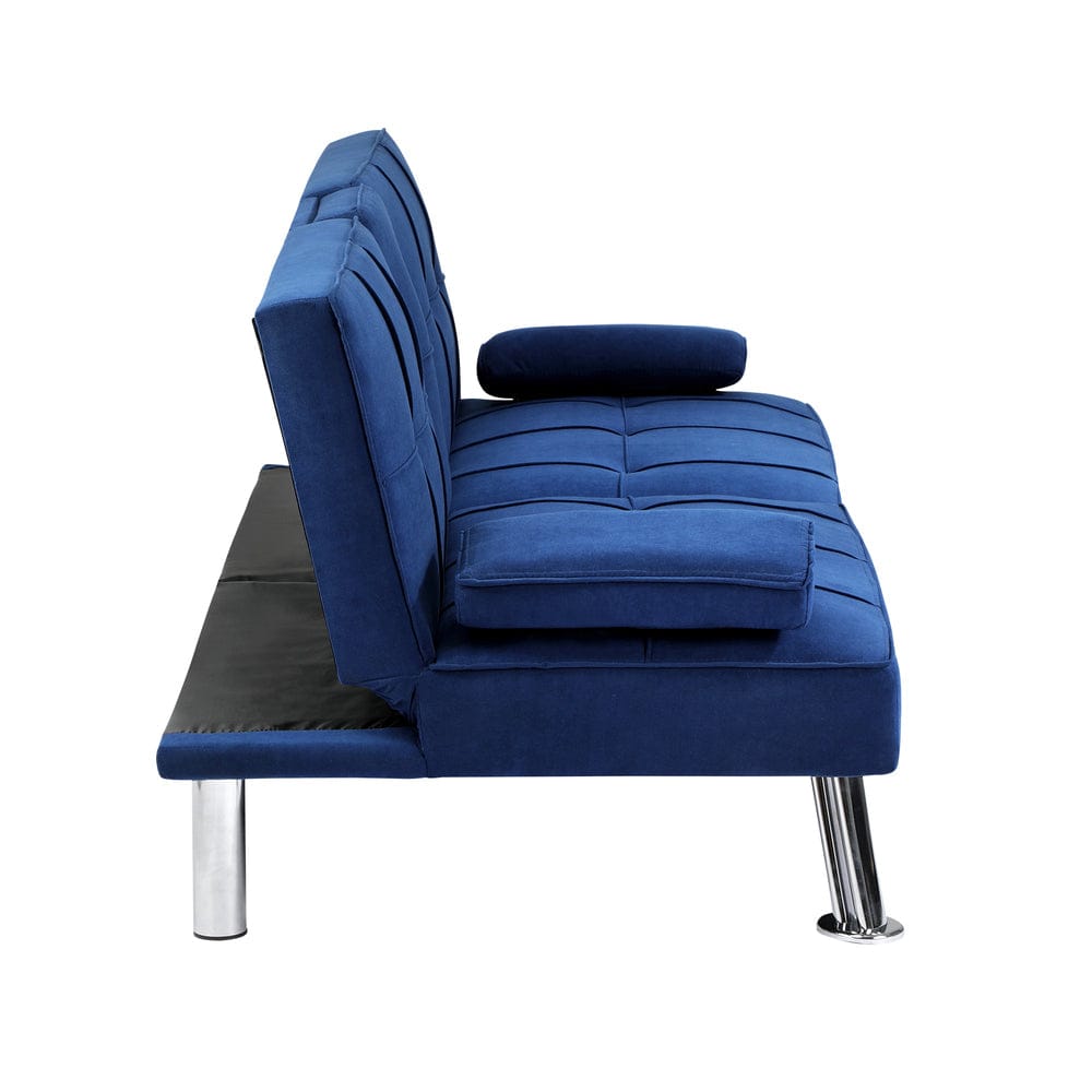 Oikiture Sofa ALANA Sofa Bed 3 Seater with Cup Holder Velvet Blue