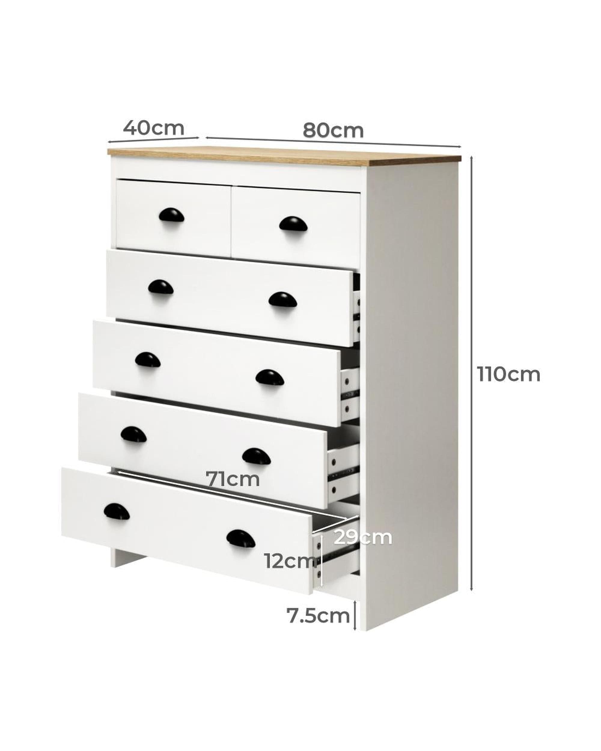 Oikiture Chest of Drawers ALDO Tallboy Chest of Drawer Dresser with 6 Drawers Bedroom Storage Cabinet White