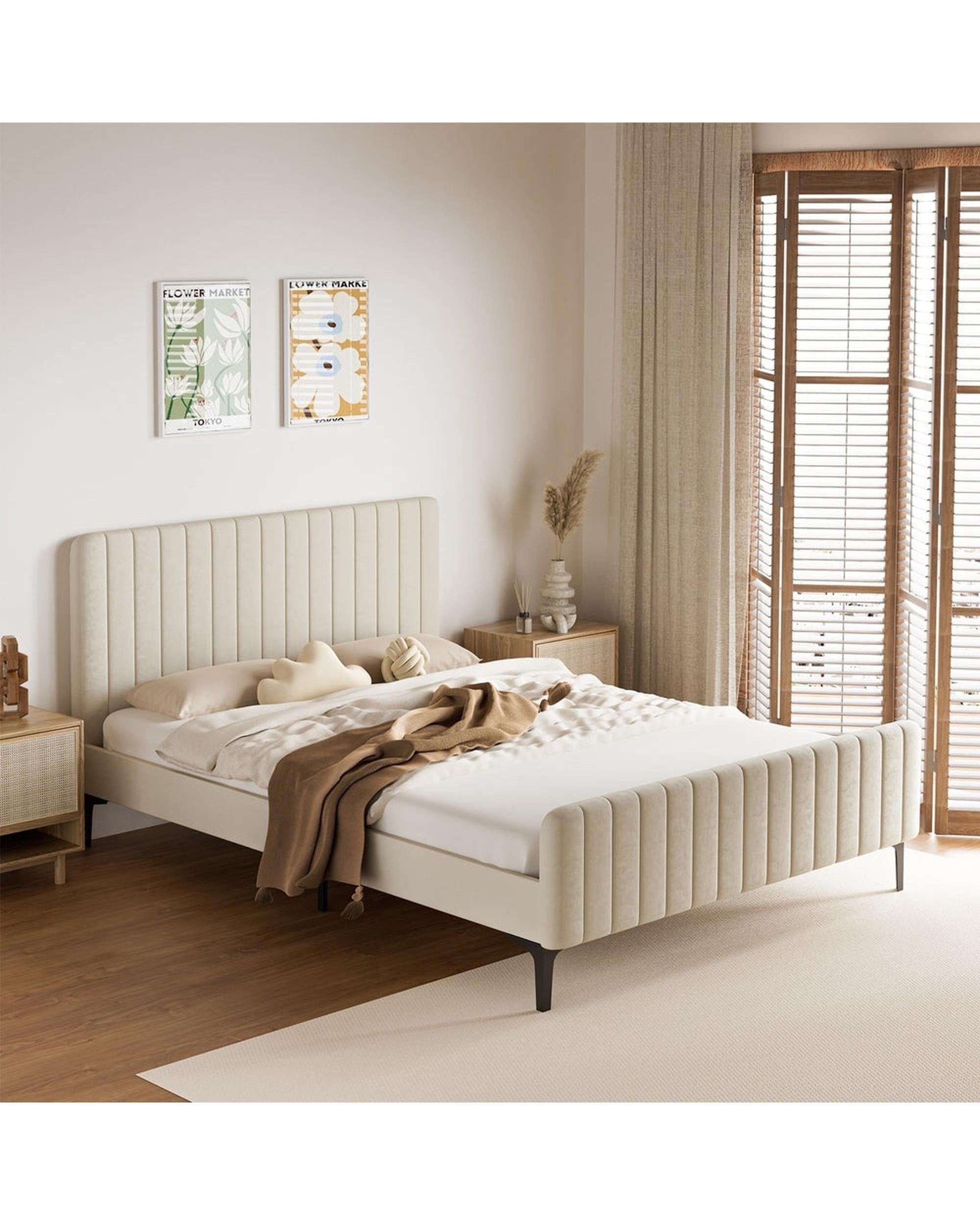 Oikiture Bedframe AMIRA Bed Frame Velvet Fabric Beige