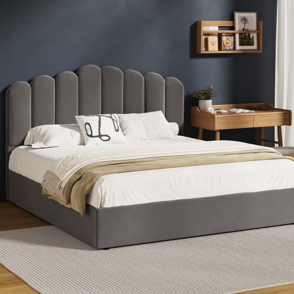 Oikiture Bedframe Ashton Bed Frame Platform VELVET- GREY