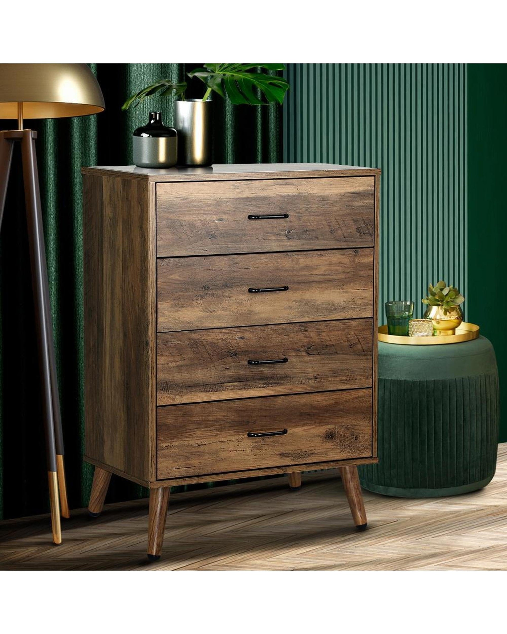 Oikiture Chest of Drawers AUDRE 4 Chest of Drawers Storage Cabinet Tallboy Dresser Industrial Furniture