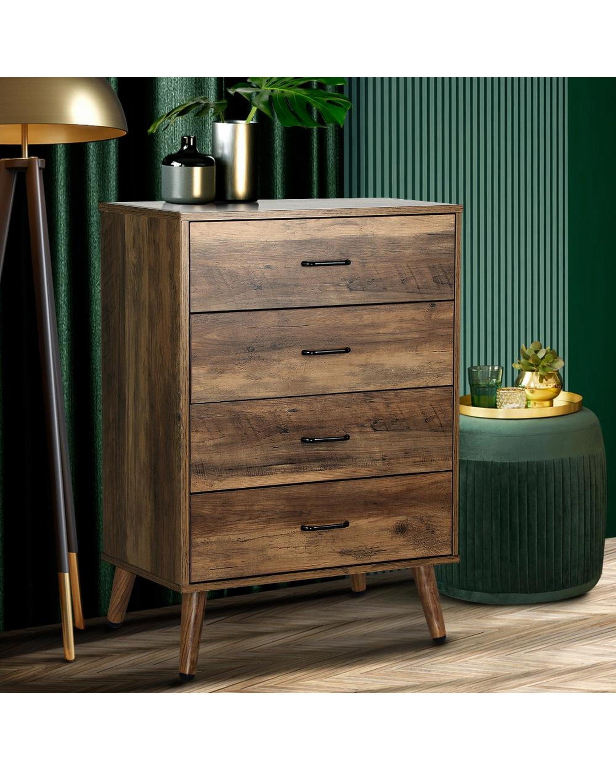 Oikiture Chest of Drawers AUDRE 4 Chest of Drawers Storage Cabinet Tallboy Dresser Industrial Furniture