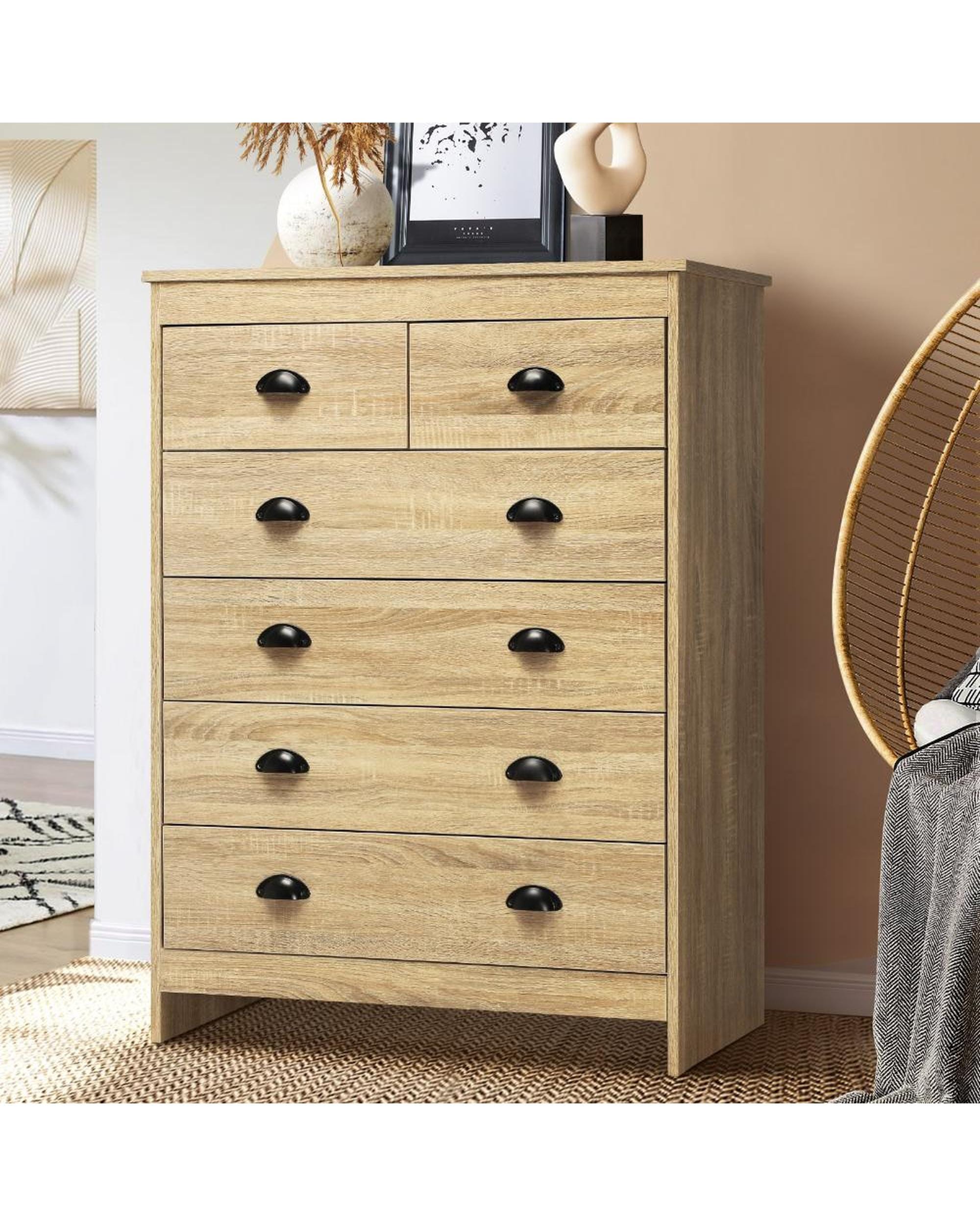 Oikiture Chest of Drawers AUDRE Tallboy Chest of Drawer Dresser with 6 Drawers Bedroom Storage Cabinet Natural Wood