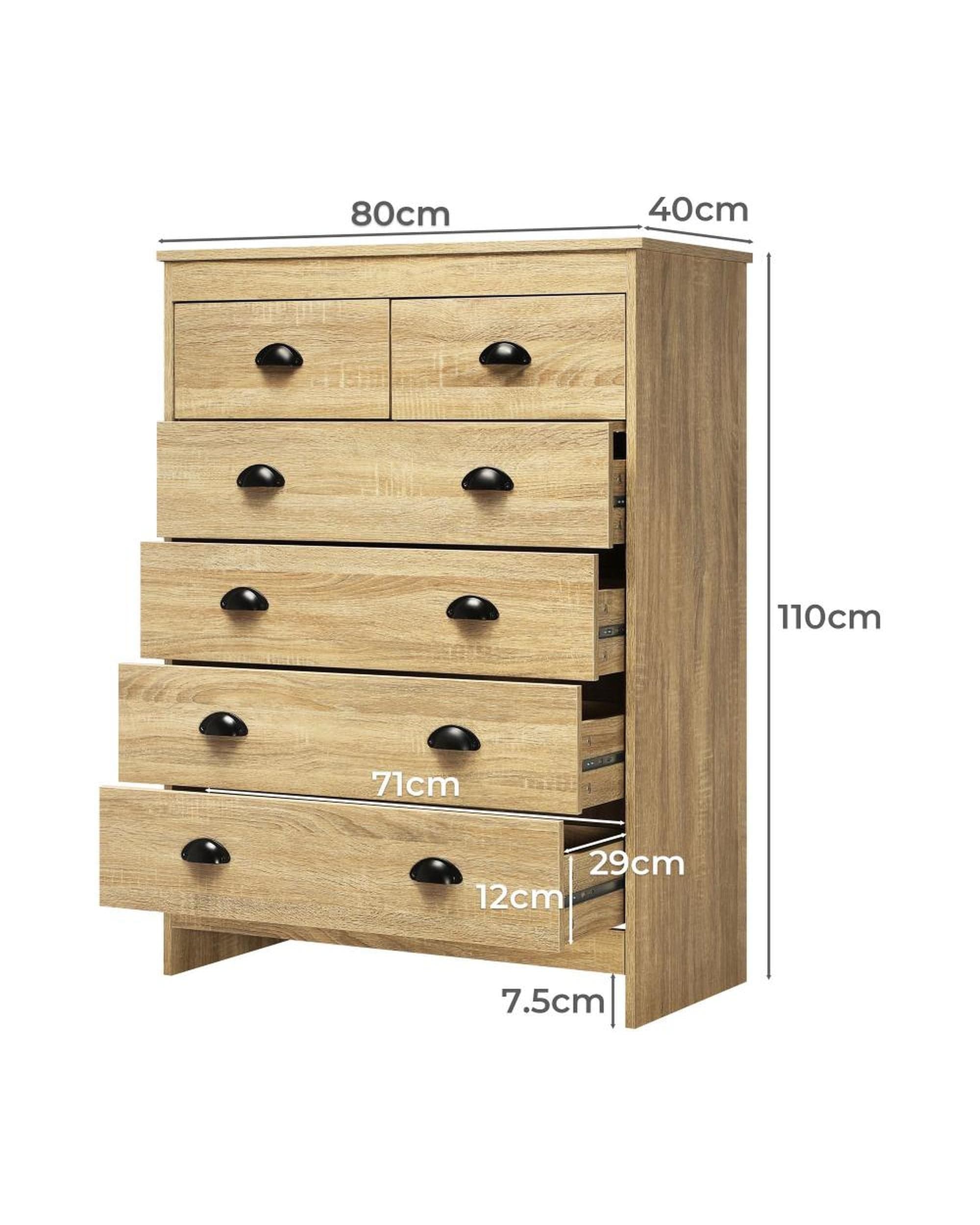 Oikiture Chest of Drawers AUDRE Tallboy Chest of Drawer Dresser with 6 Drawers Bedroom Storage Cabinet Natural Wood