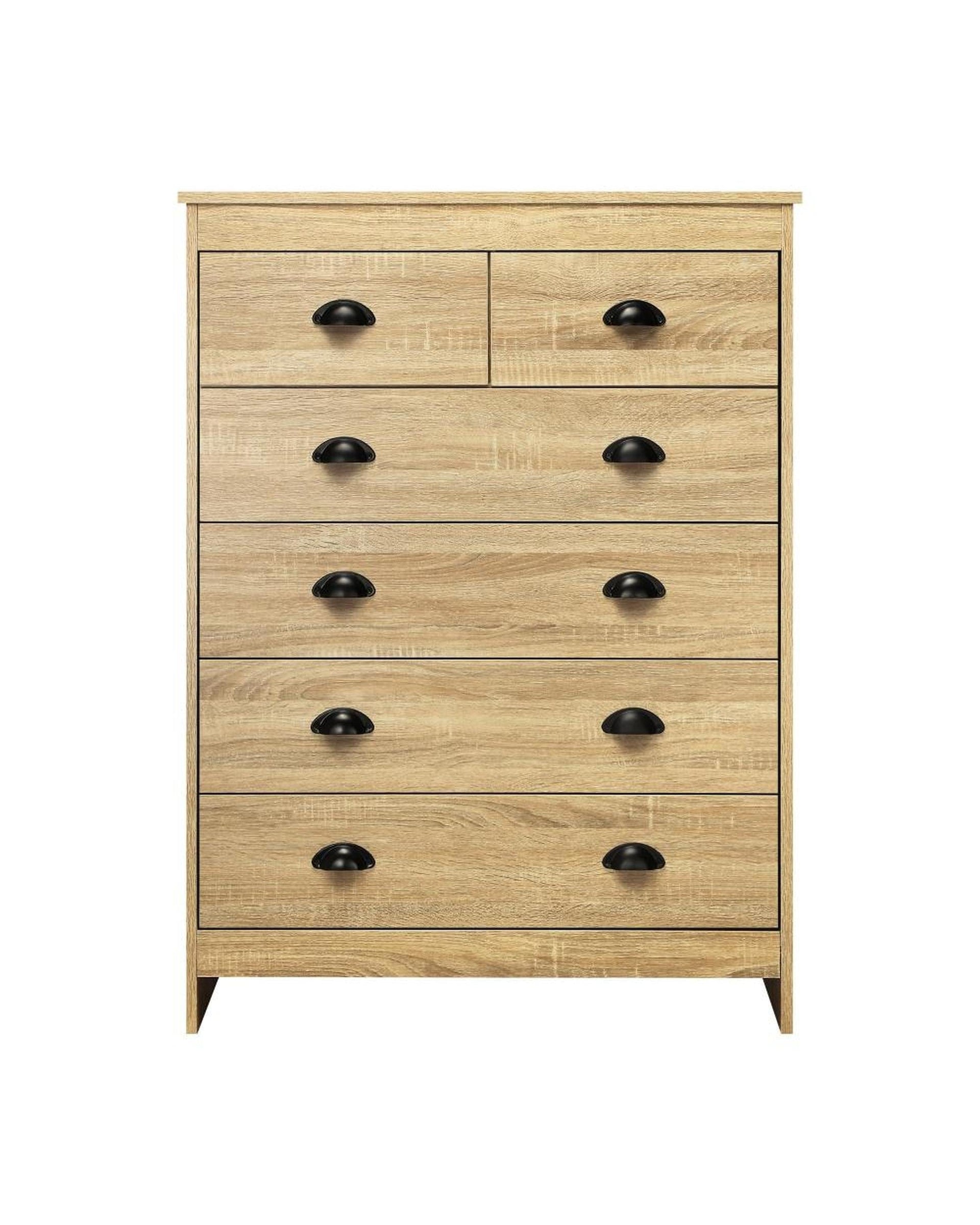 Oikiture Chest of Drawers AUDRE Tallboy Chest of Drawer Dresser with 6 Drawers Bedroom Storage Cabinet Natural Wood