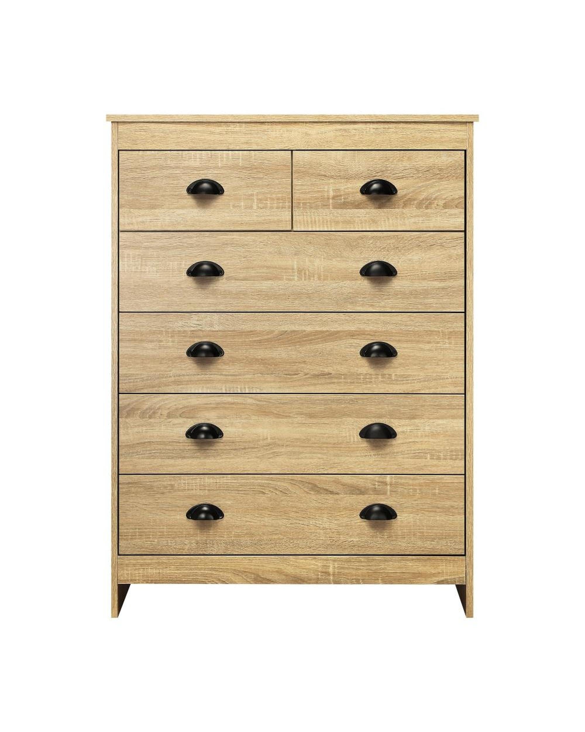 Oikiture Chest of Drawers AUDRE Tallboy Chest of Drawer Dresser with 6 Drawers Bedroom Storage Cabinet Natural Wood