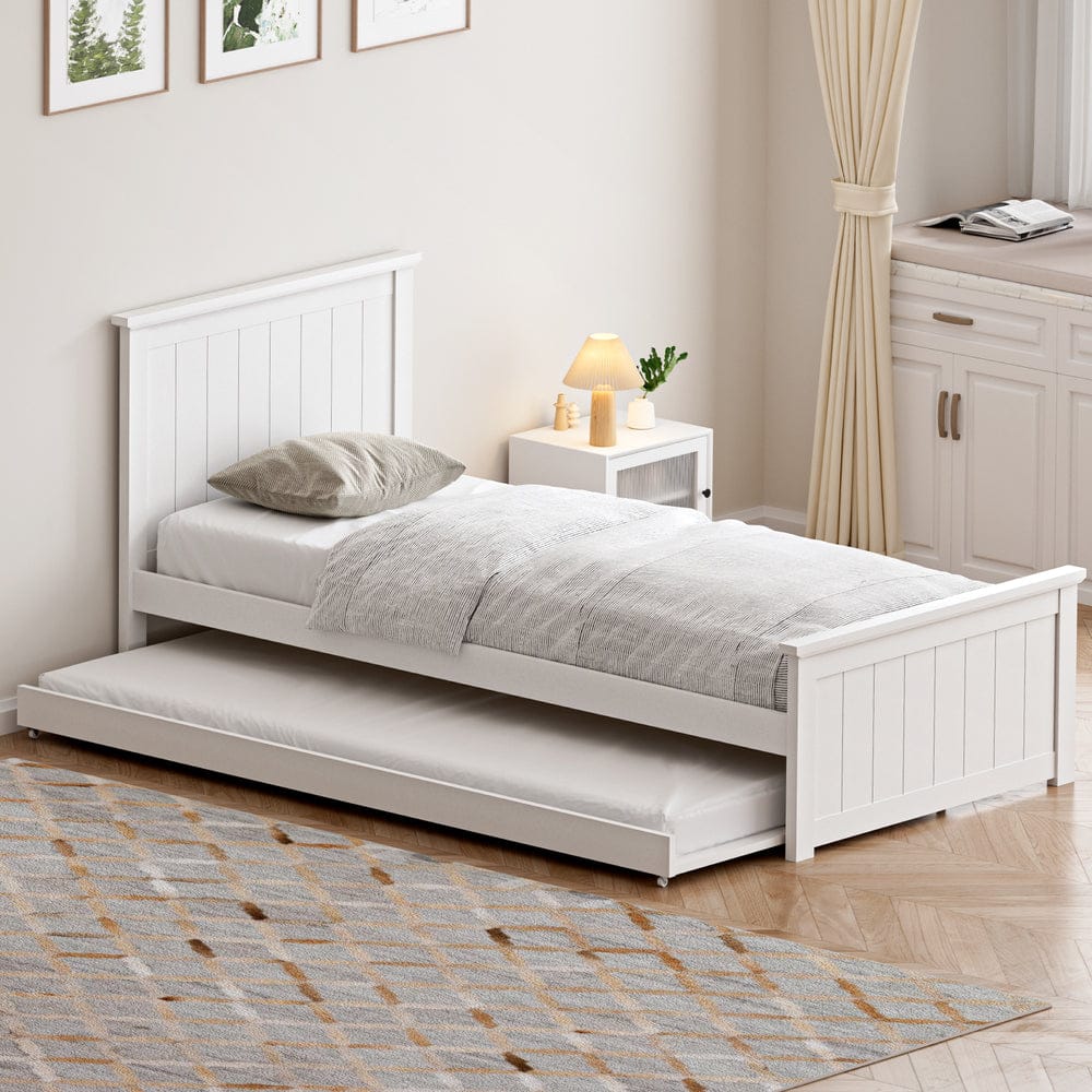 Oikiture Bedframe BEACH Trundle Bed Frame Wooden Daybed White - SINGLE