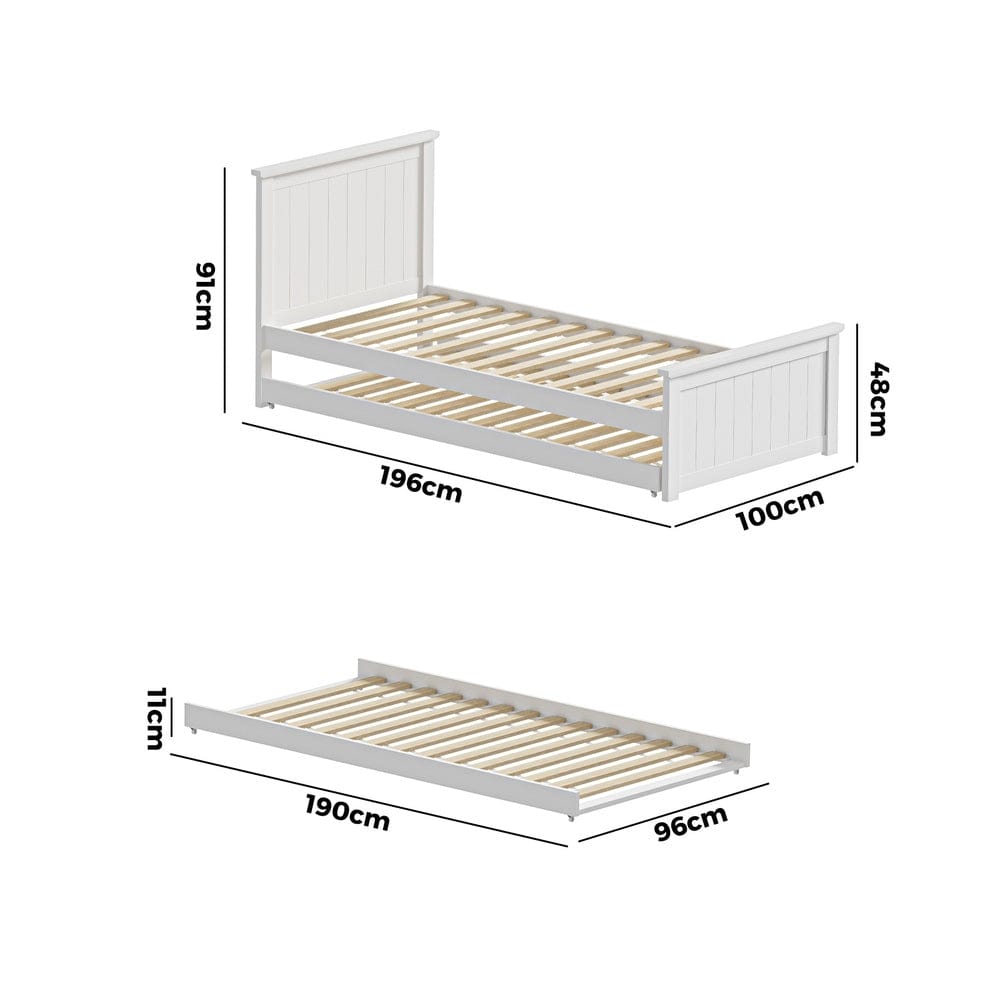 Oikiture Bedframe BEACH Trundle Bed Frame Wooden Daybed White - SINGLE