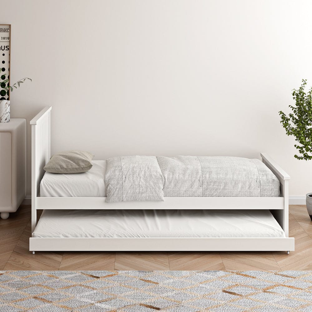 Oikiture Bedframe BEACH Trundle Bed Frame Wooden Daybed White - SINGLE