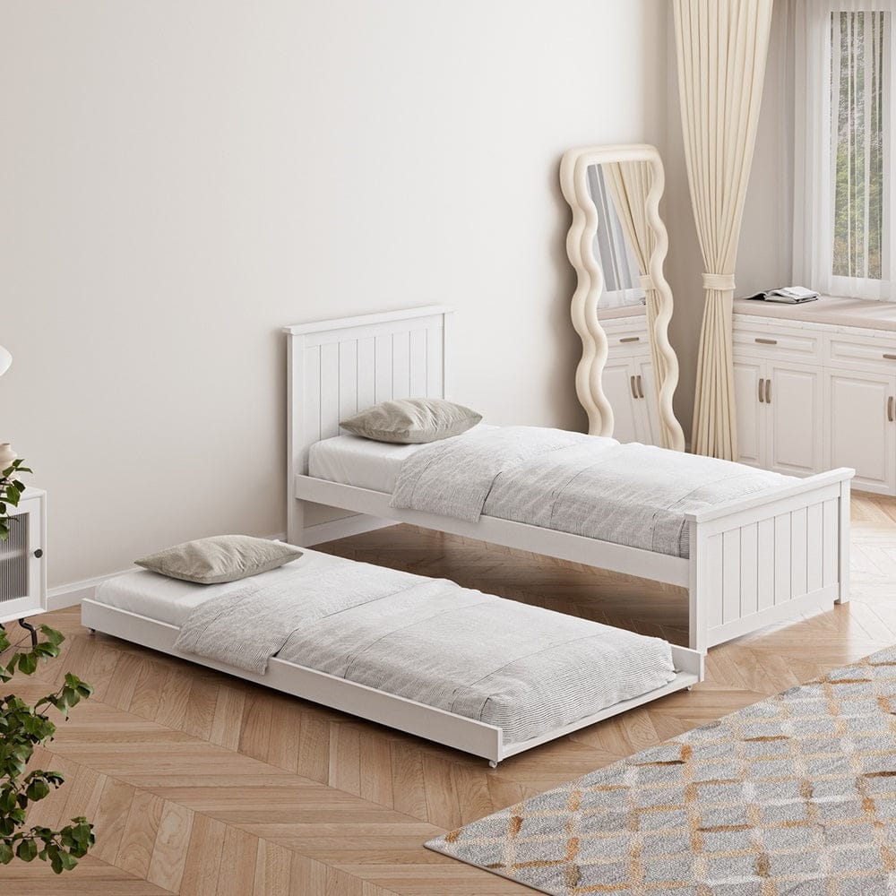 Oikiture Bedframe BEACH Trundle Bed Frame Wooden Daybed White - SINGLE