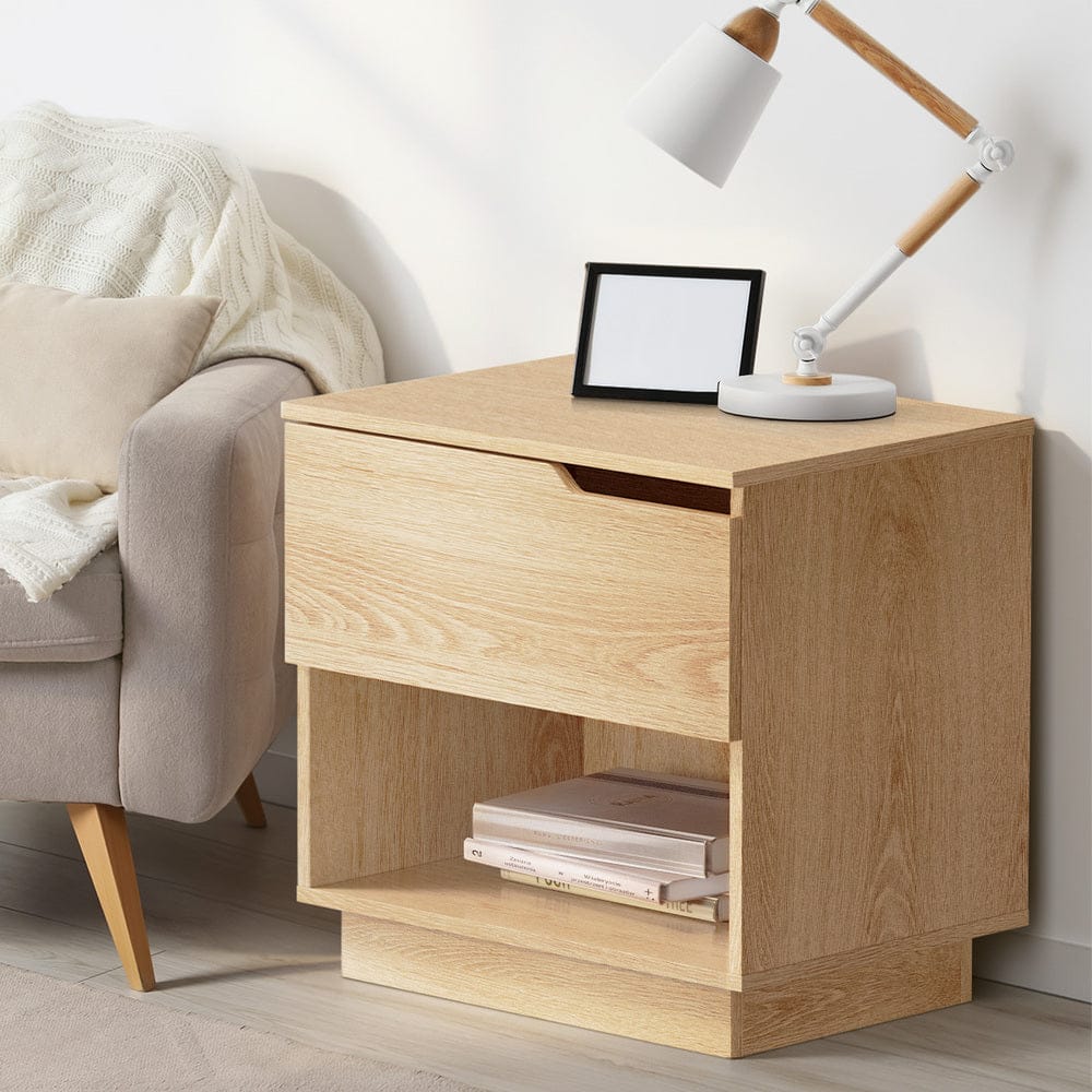 Oikiture Bedside Table Bedside Table 1 Drawer Storage Nightstand Cabinet Natural