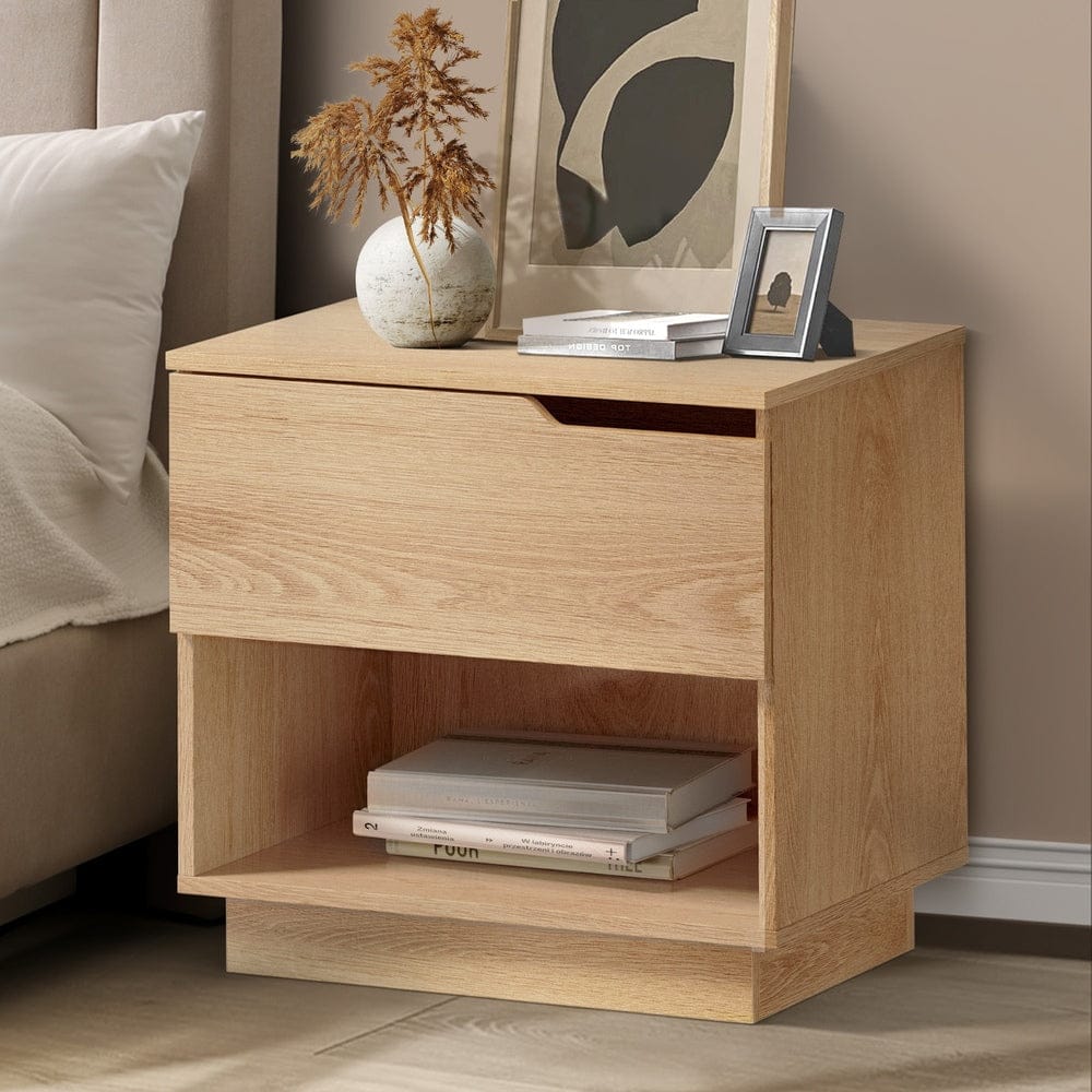 Oikiture Bedside Table Bedside Table 1 Drawer Storage Nightstand Cabinet Natural