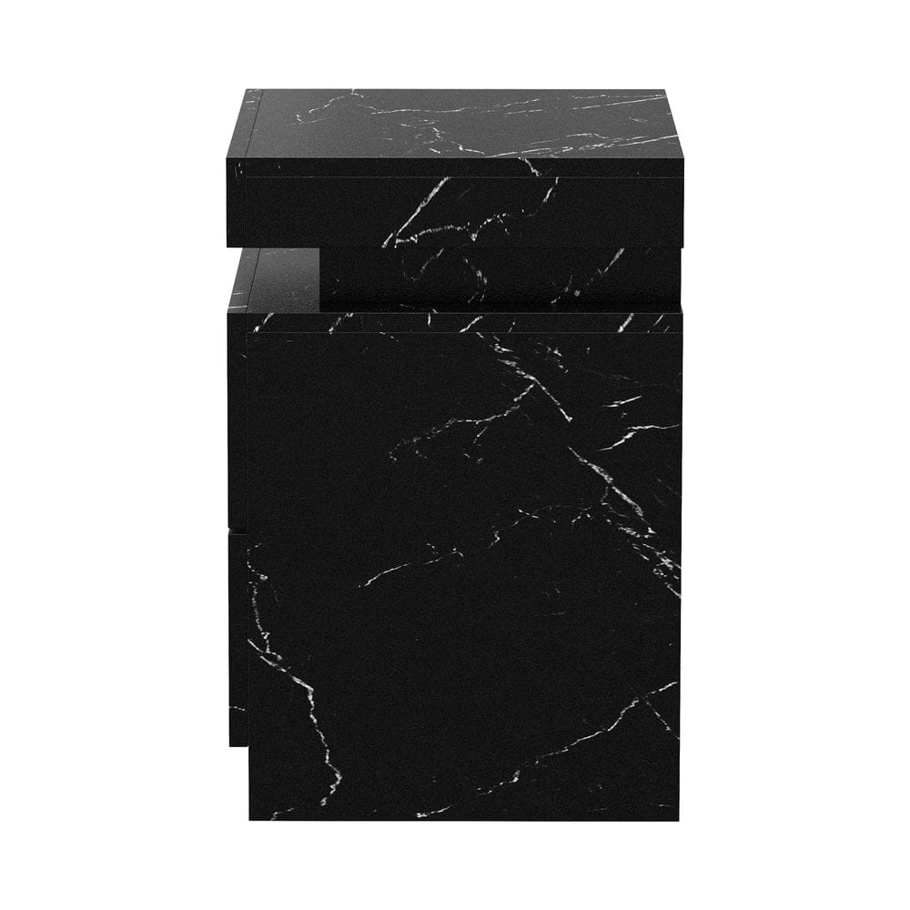 Oikiture Bedside Table Bedside Table 2 Drawers LED Nightstand Marble Effect White