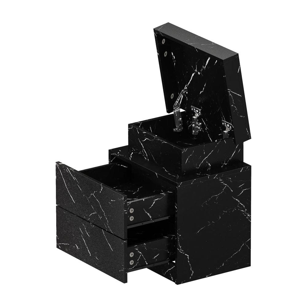 Oikiture Bedside Table Bedside Table 2 Drawers LED Nightstand Marble Effect White