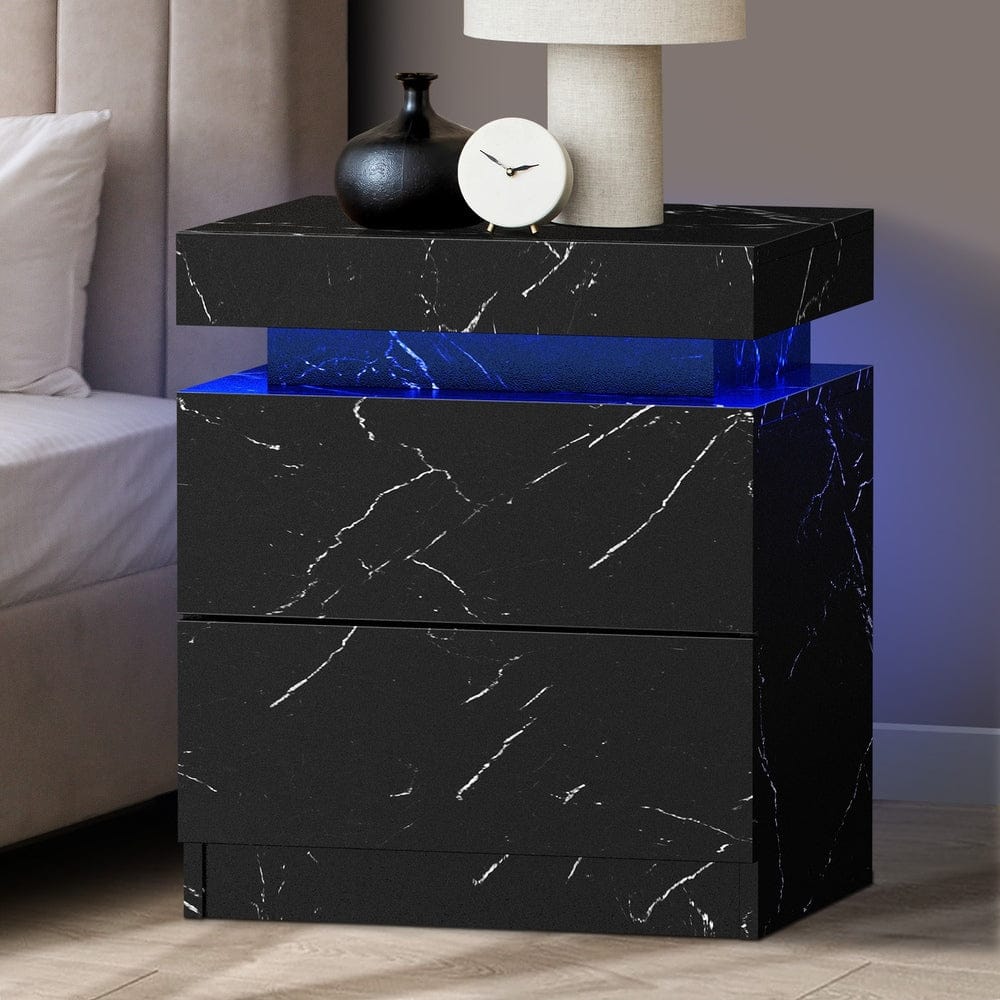 Oikiture Bedside Table Bedside Table 2 Drawers LED Nightstand Marble Effect White