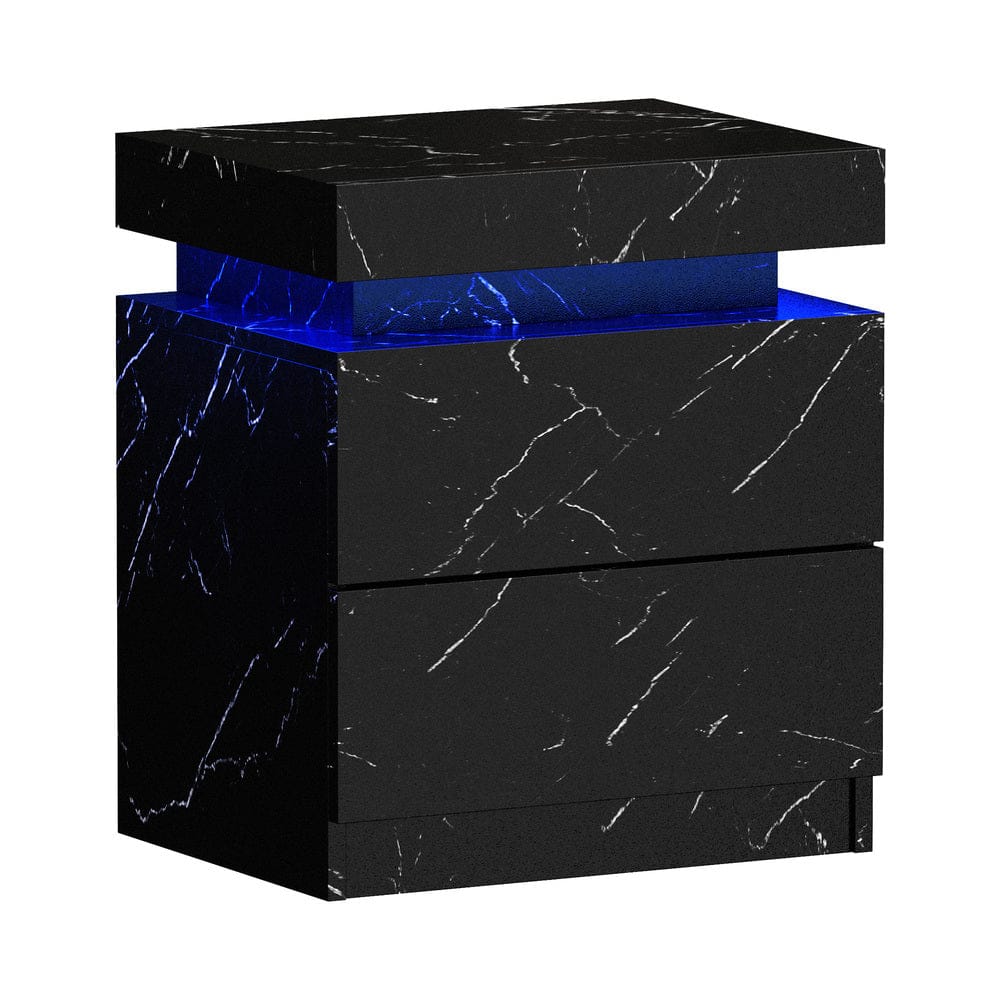 Oikiture Bedside Table Bedside Table 2 Drawers LED Nightstand Marble Effect White