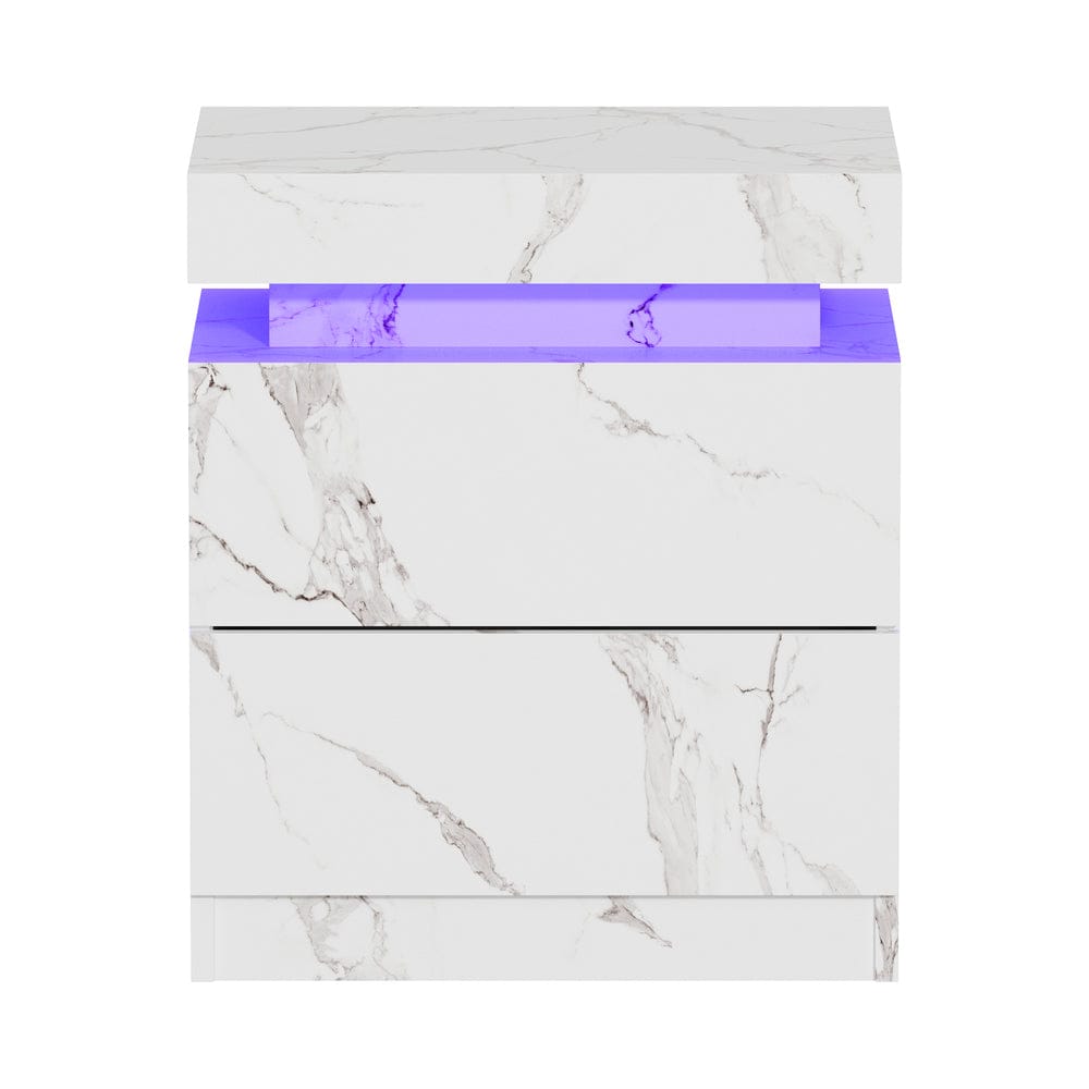 Oikiture Bedside Table Bedside Table 2 Drawers LED Nightstand Marble Effect White