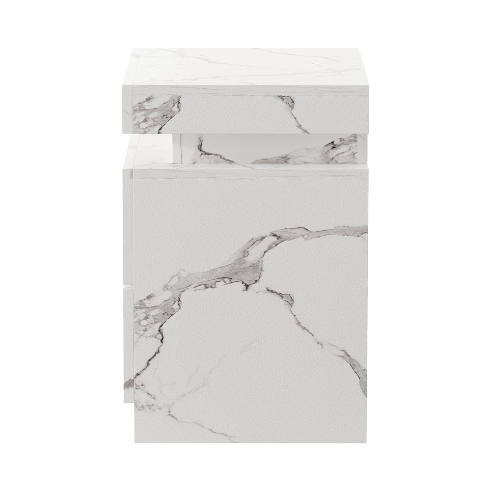 Oikiture Bedside Table Bedside Table 2 Drawers LED Nightstand Marble Effect White