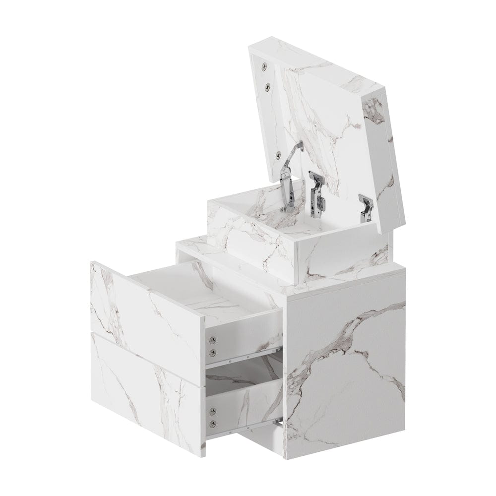 Oikiture Bedside Table Bedside Table 2 Drawers LED Nightstand Marble Effect White