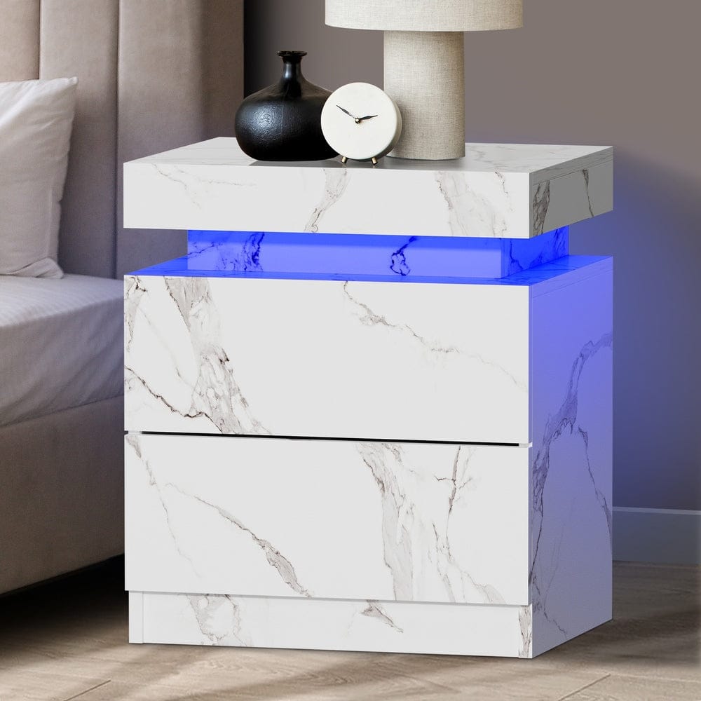 Oikiture Bedside Table Bedside Table 2 Drawers LED Nightstand Marble Effect White