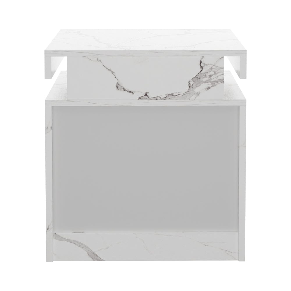 Oikiture Bedside Table Bedside Table 2 Drawers LED Nightstand Marble Effect White