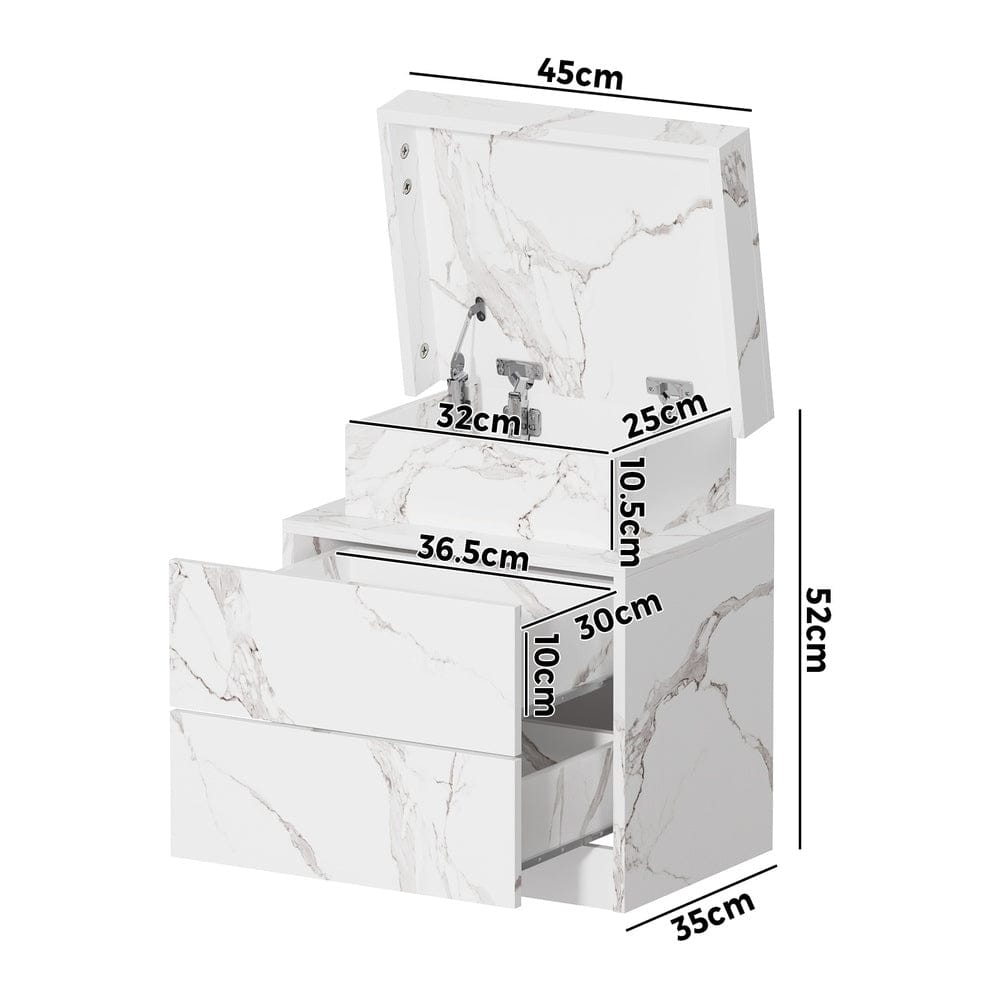 Oikiture Bedside Table Bedside Table 2 Drawers LED Nightstand Marble Effect White