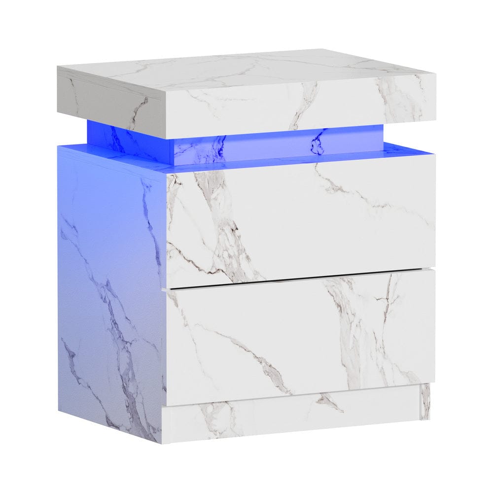 Oikiture Bedside Table Bedside Table 2 Drawers LED Nightstand Marble Effect White