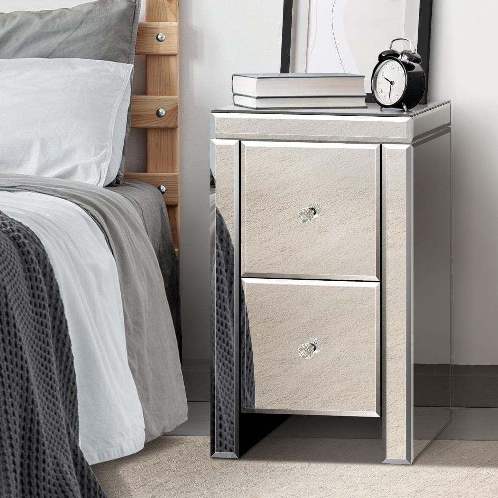 Oikiture Bedside Table Bedside Table, 2 Drawers Mirrored Nightstand Bedroom Storage Cabiner End Table
