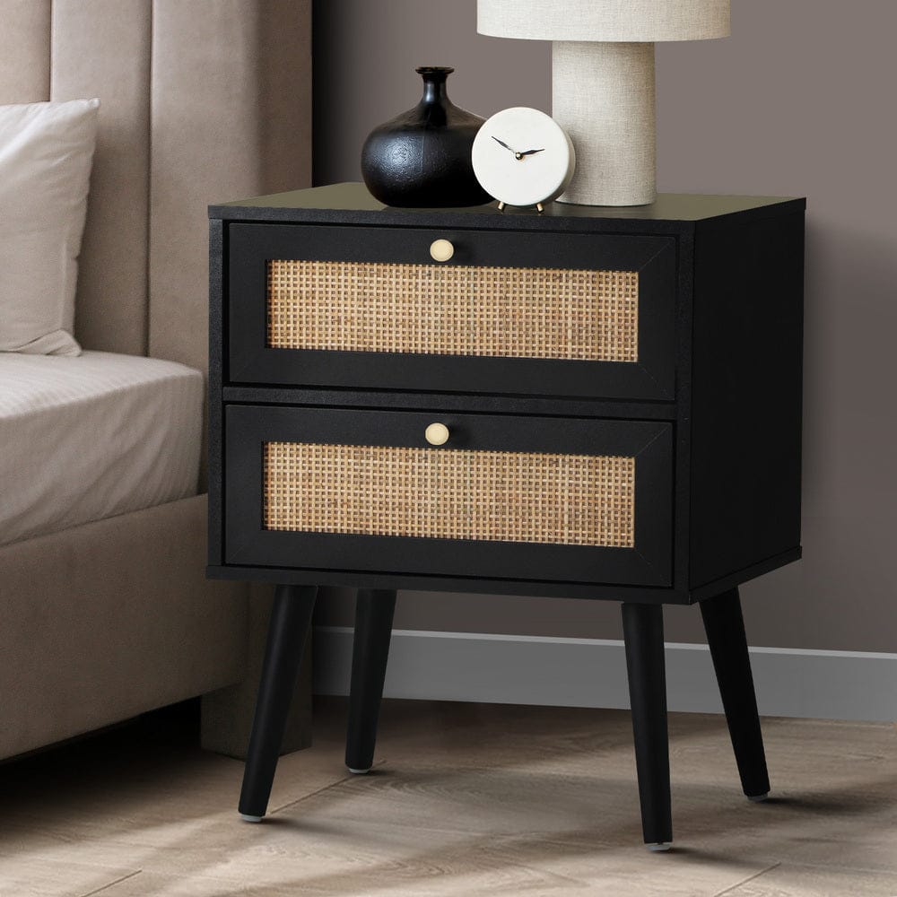 Oikiture Bedside Table Bedside Table 2 Drawers Storage Cabinet Rattan