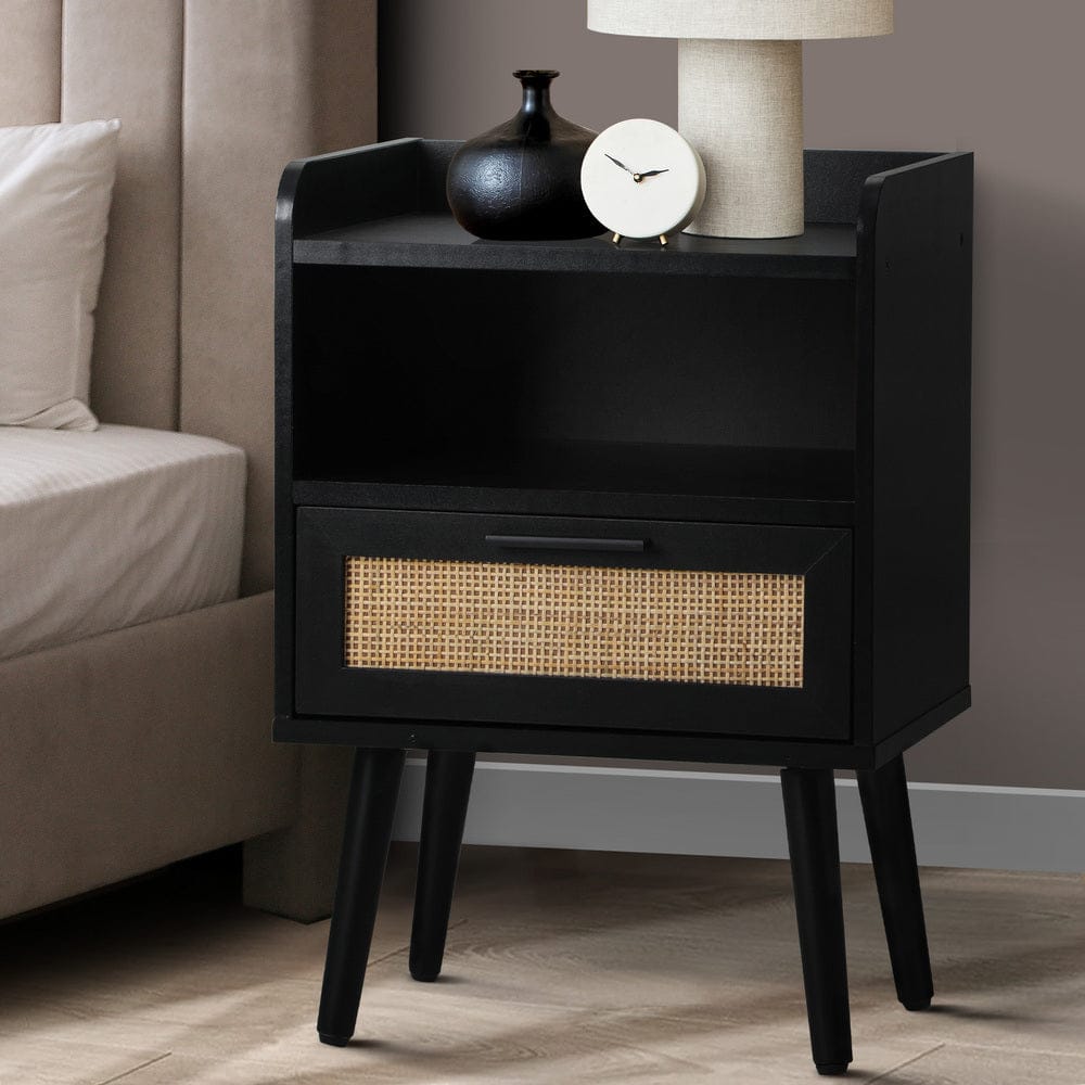 Oikiture Bedside Table Bedside Table Drawer Side End Table Rattan