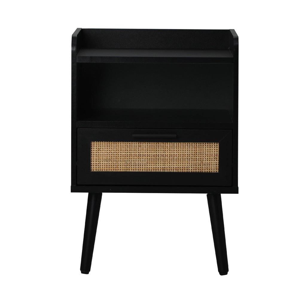 Oikiture Bedside Table Bedside Table Drawer Side End Table Rattan