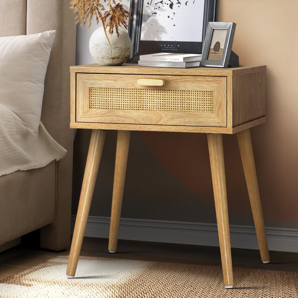 Oikiture Bedside Table Bedside Table Drawers Bedroom Wood Cabinet Nightstand Rattan Furniture