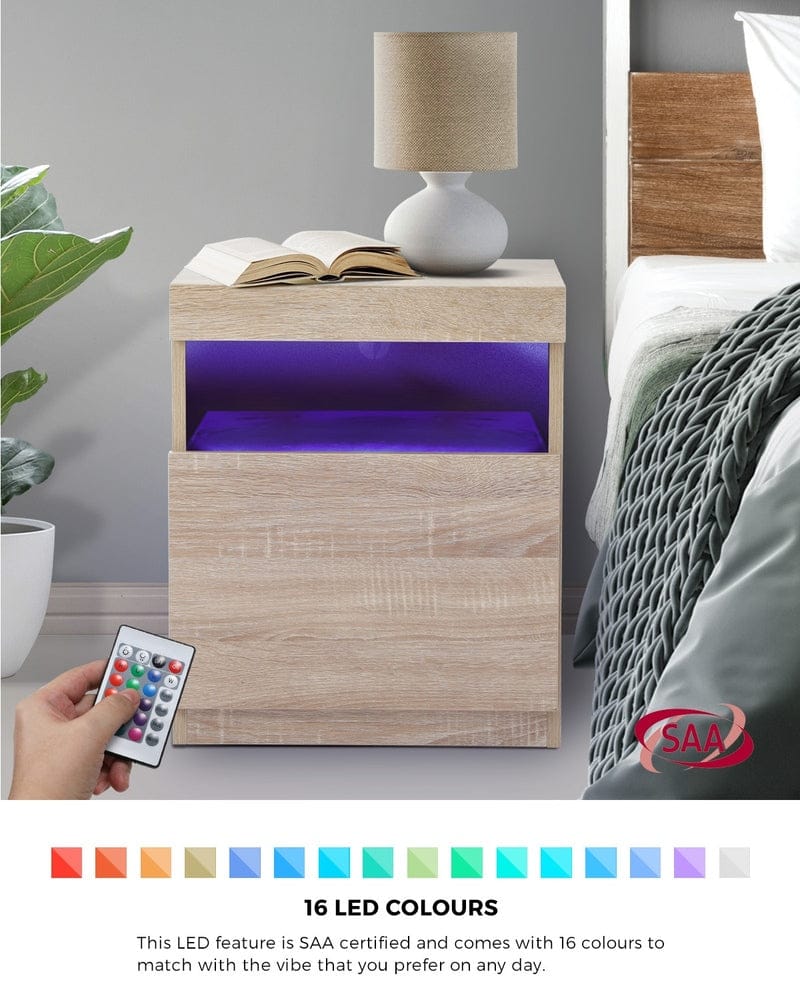 Oikiture Bedside Table Bedside Table LED Nightstand Shelf Natural