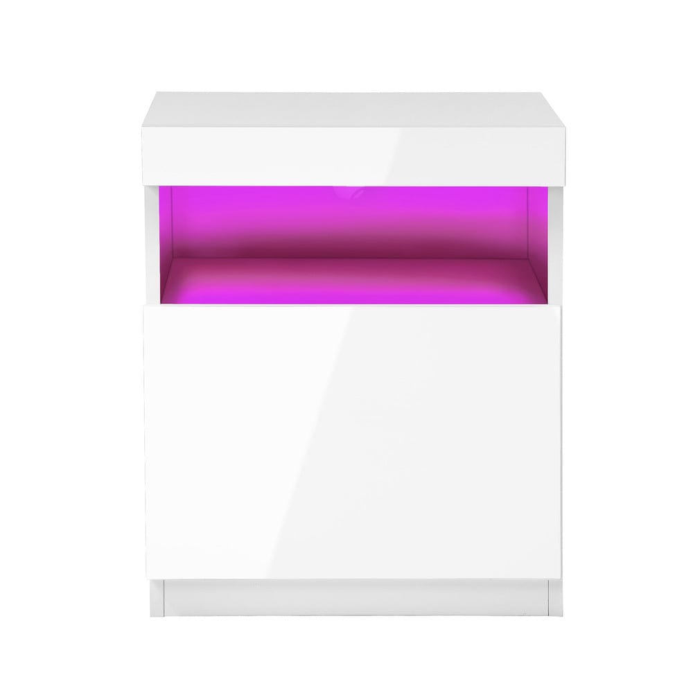 Oikiture Bedside Table Bedside Table LED Shelf High-gloss Front White