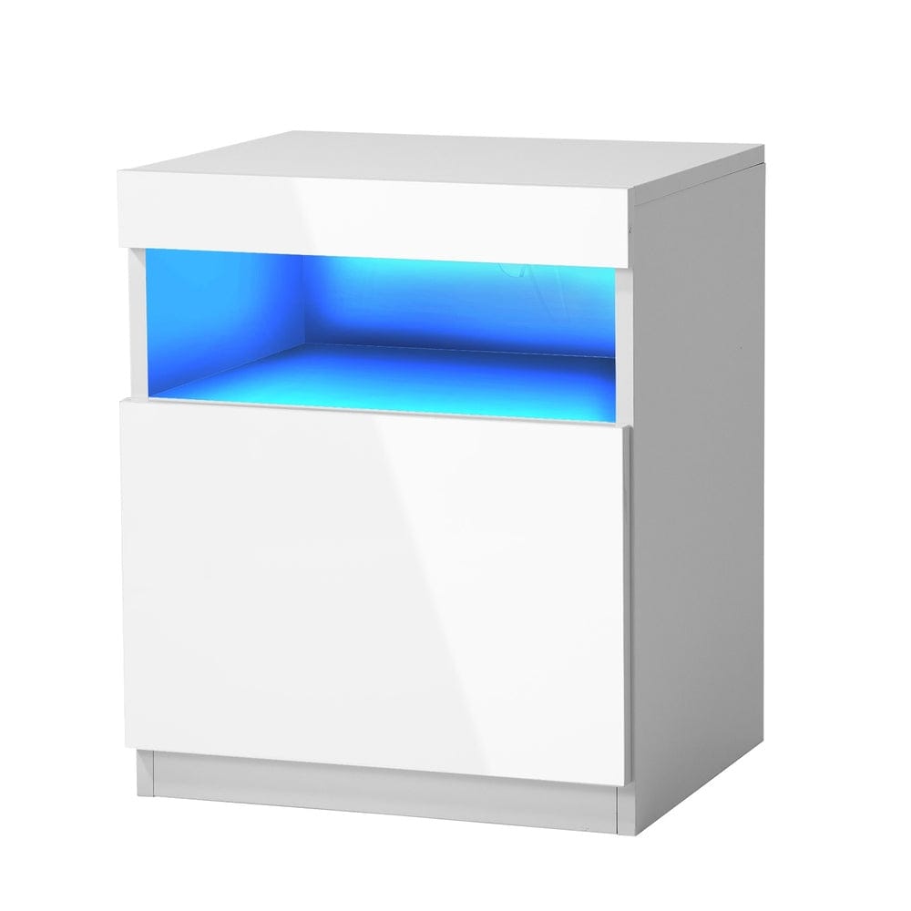 Oikiture Bedside Table Bedside Table LED Shelf High-gloss Front White