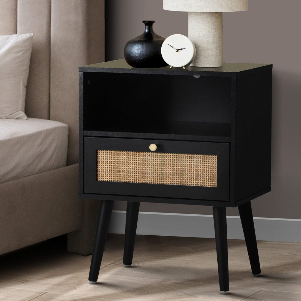 Oikiture Bedside Table Bedside Table Storage Drawer Shelf Rattan Black