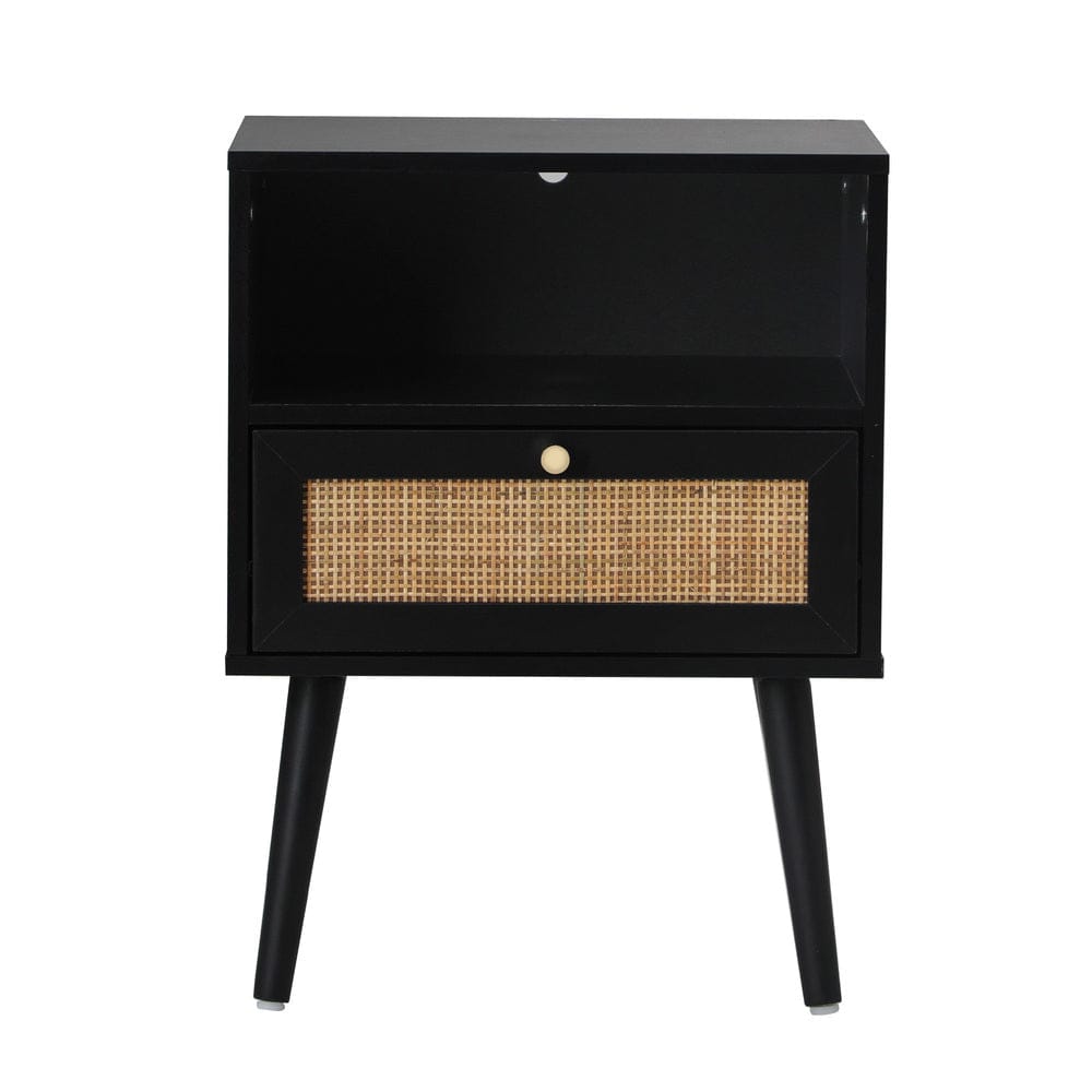 Oikiture Bedside Table Bedside Table Storage Drawer Shelf Rattan Black