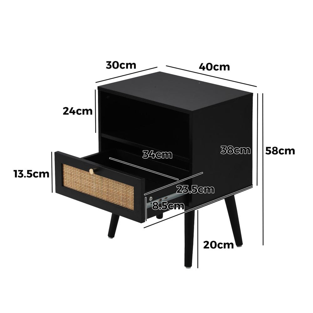 Oikiture Bedside Table Bedside Table Storage Drawer Shelf Rattan Black