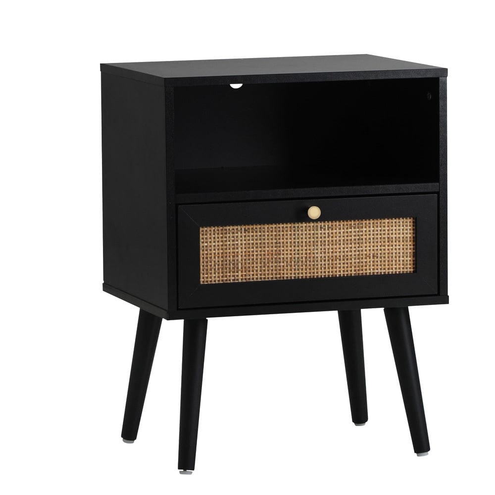 Oikiture Bedside Table Bedside Table Storage Drawer Shelf Rattan Black