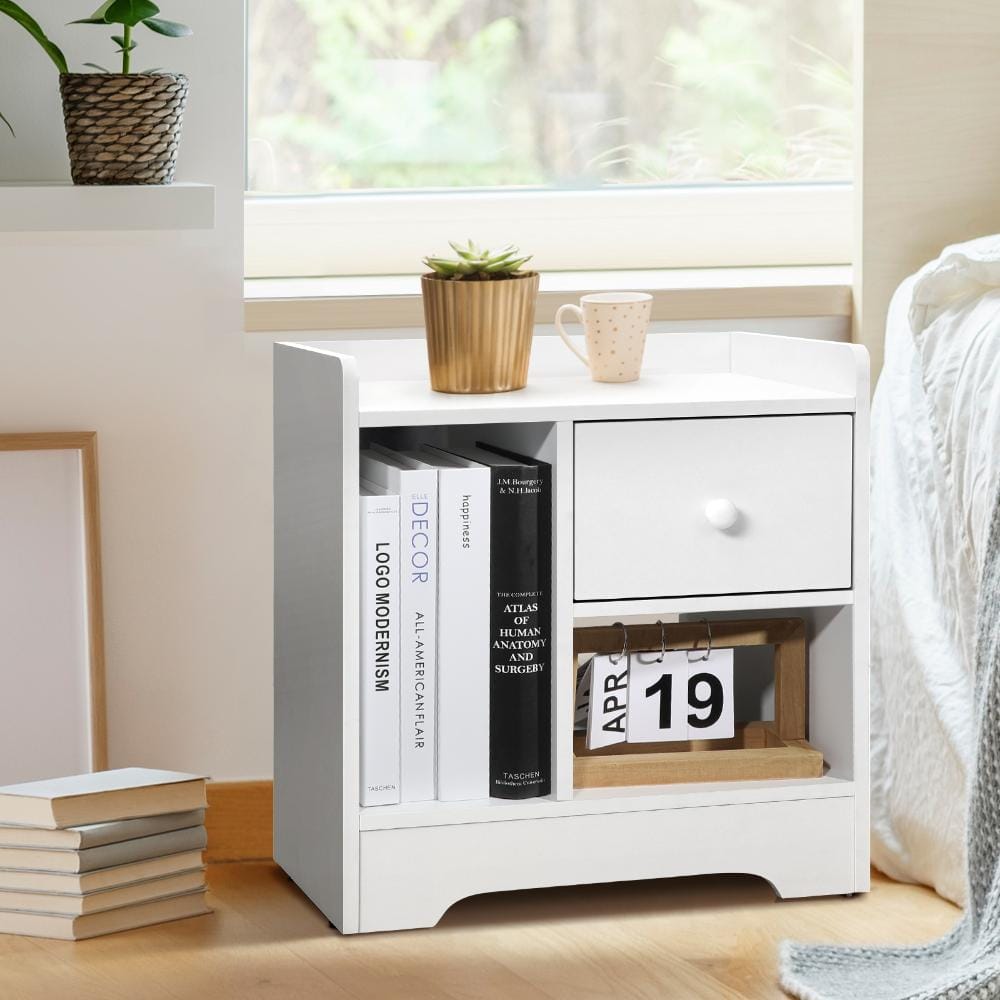 Oikiture Bedside Table Bedside Table with Drawer and Storage Space Side Table Nightstand Home Bedroom Furniture White