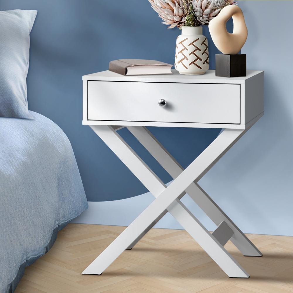 Oikiture Bedside Table Bedside Table with Wooden Frame and Cross Base Side Table Nightstand White
