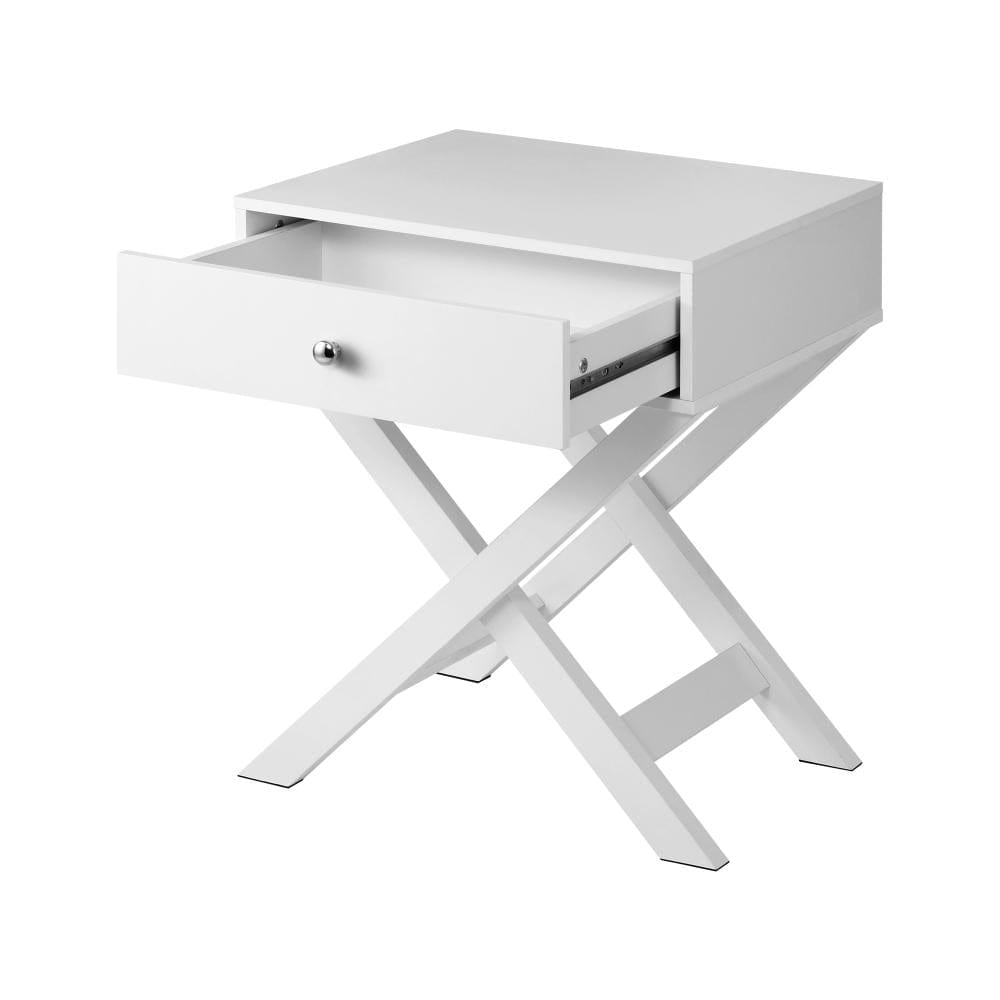 Oikiture Bedside Table Bedside Table with Wooden Frame and Cross Base Side Table Nightstand White
